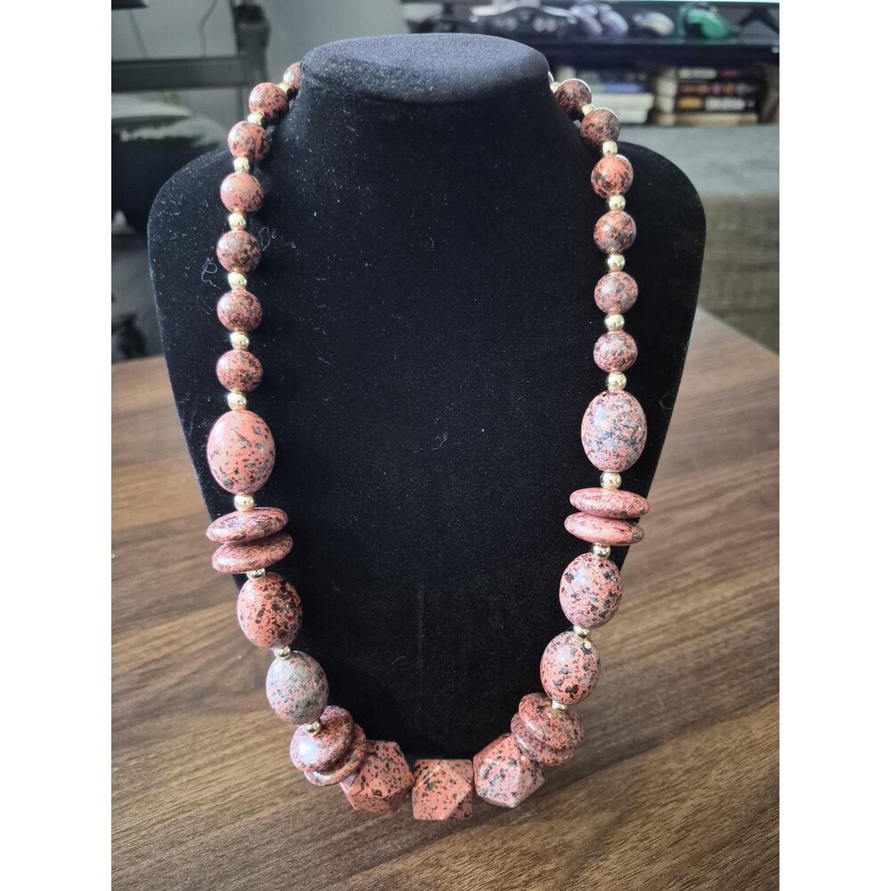 Vintage 1980s Chunky Pink Faux Rhodonite Statement Necklace 24" Glazed Ceramic